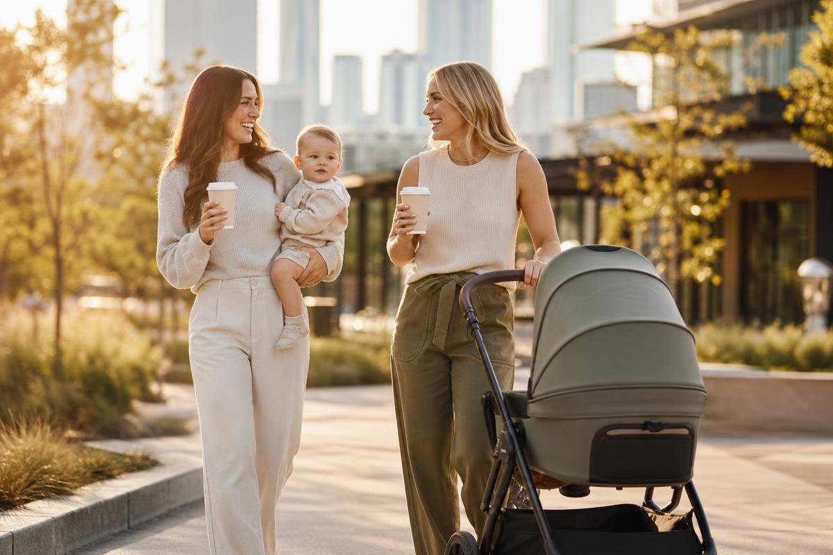 DFW parents walking together with a stroller and baby